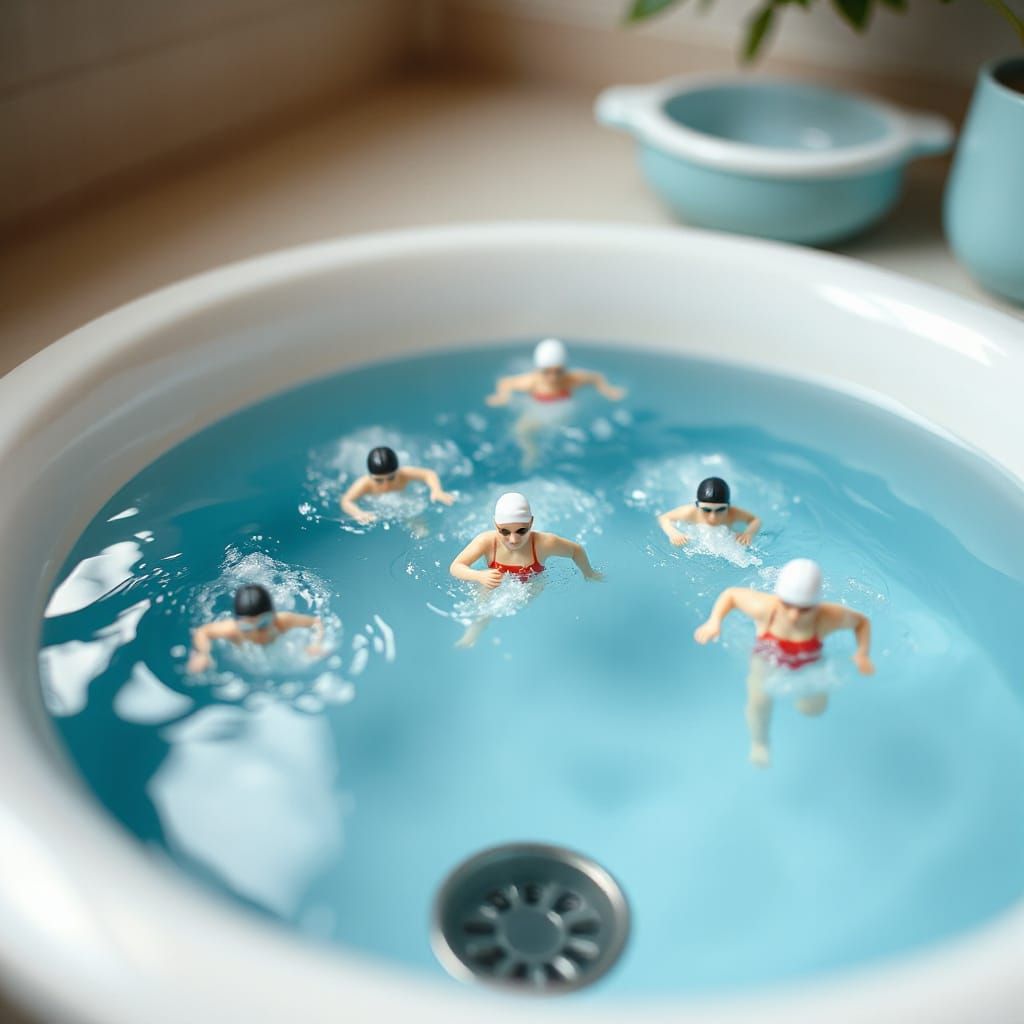 Tiny Olympic Swimmers in Blue Sink, Tilt-Shift