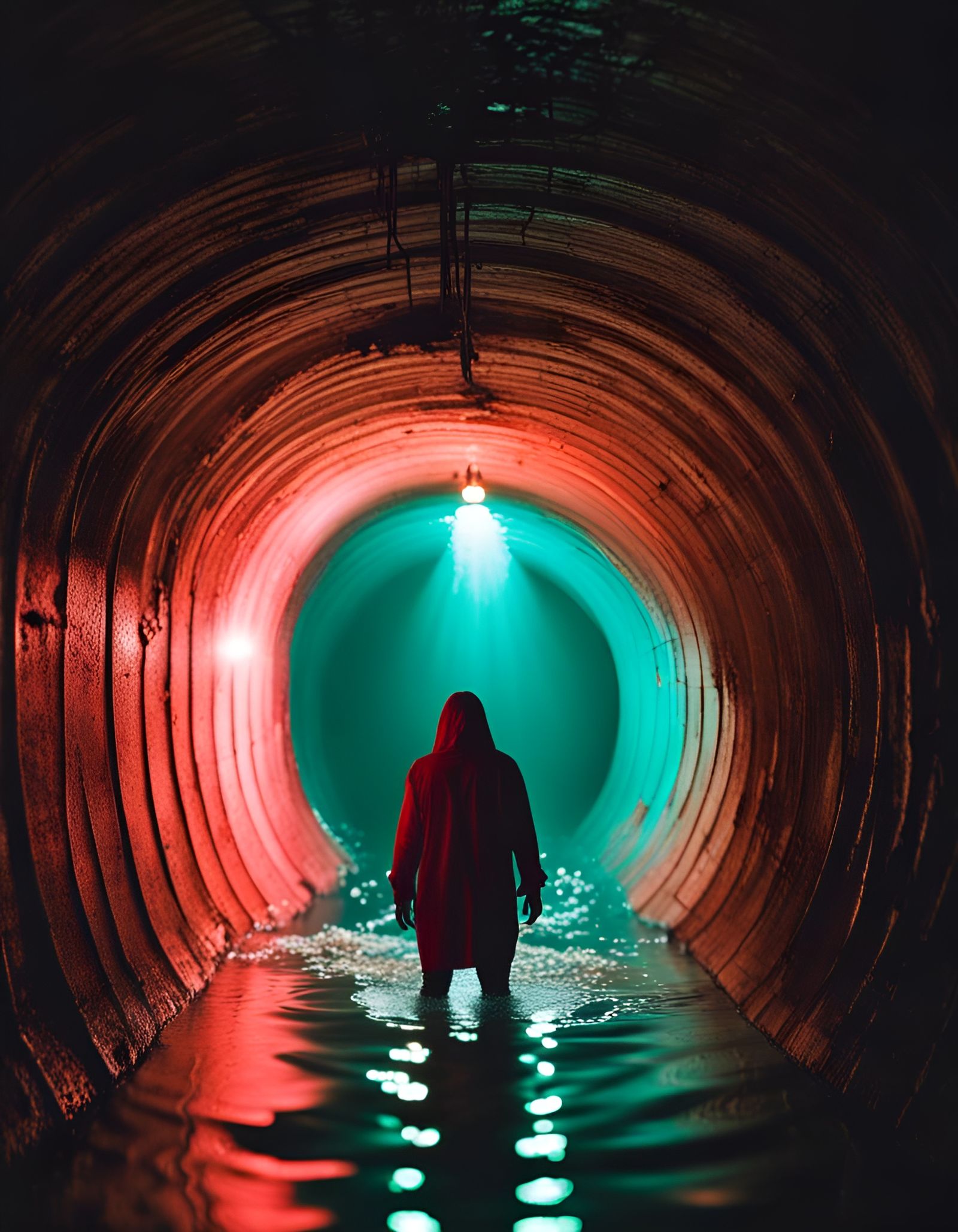 Surreal Horror in Glowing Water Tunnel