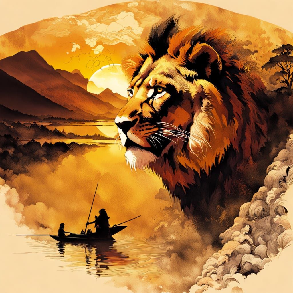 Majestic Lion's Roar at Sunset in Sepia Tones