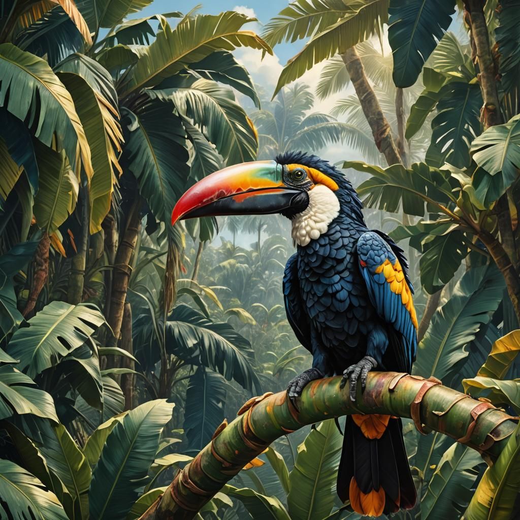 Tucano in Fantasy Art Style on Banana Tree