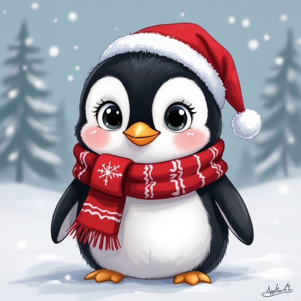 Adorable Chibi Penguin in Christmas Scarf, Colorized Drawing