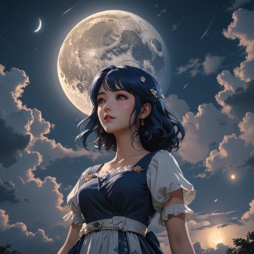 Young Woman Gazing at Moonlit Sky in Anime Style