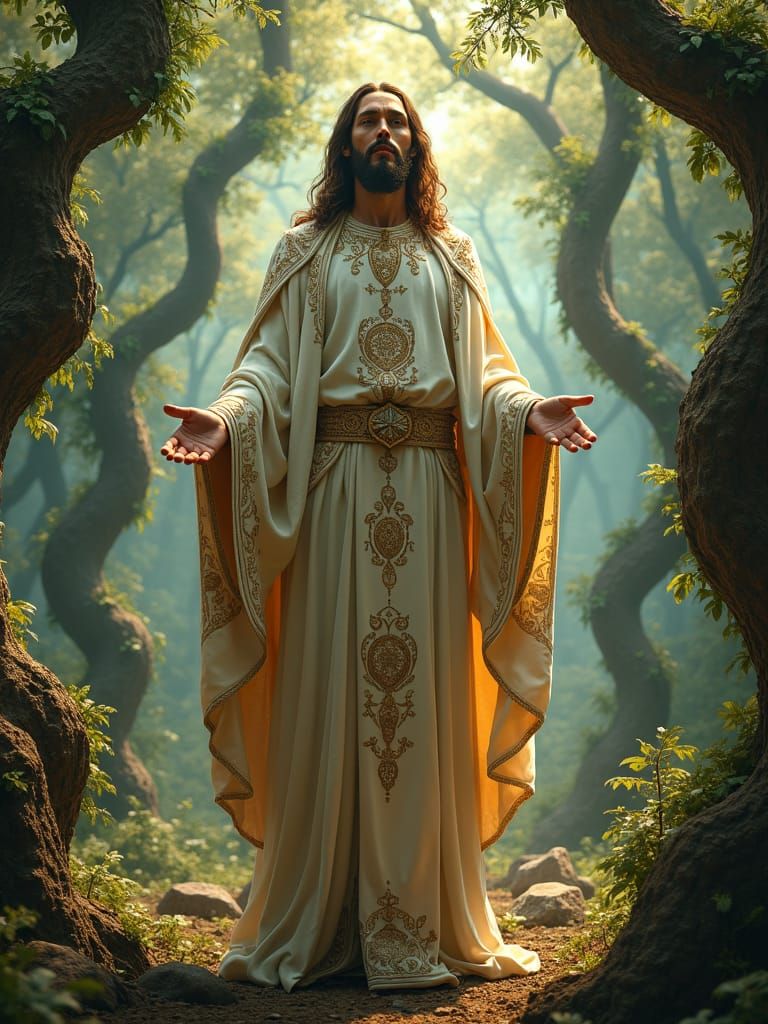 Mystical Jesus in Art Nouveau Forest: Fantasy Concept
