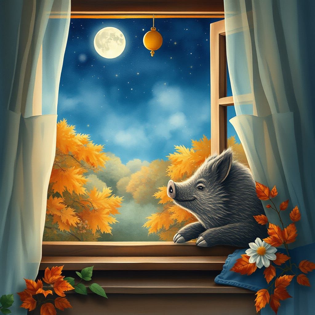 soft windy night window with a view of very abundant autumn ...