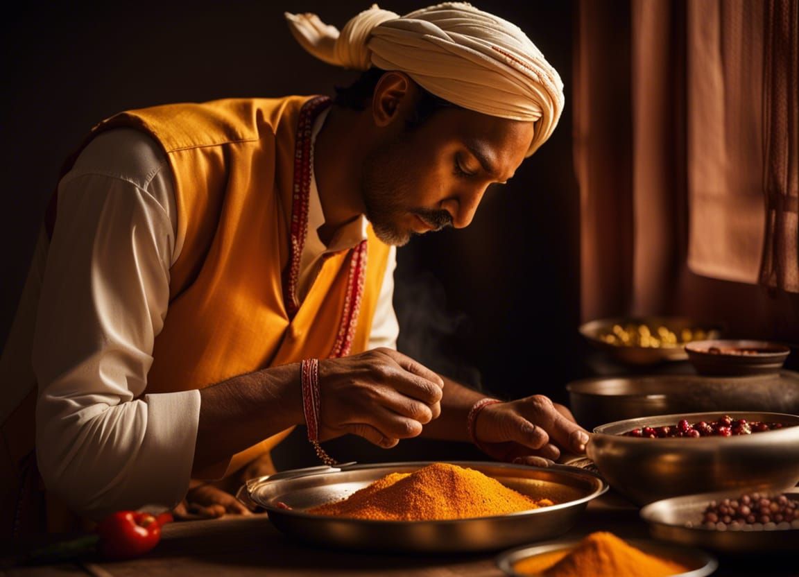 Indian Chef Prepares Food in Golden Kitchen