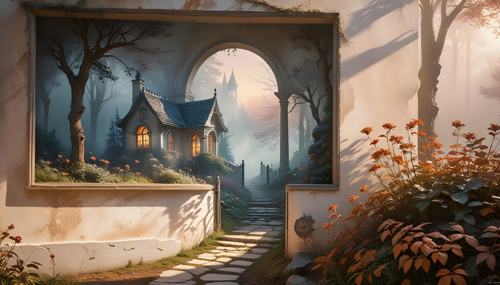 Misty Winter Cottage in Watercolor Style