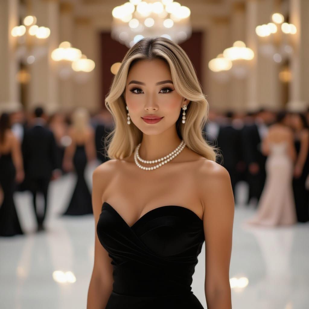 Elegant Asian Woman in Black Dress at Gala