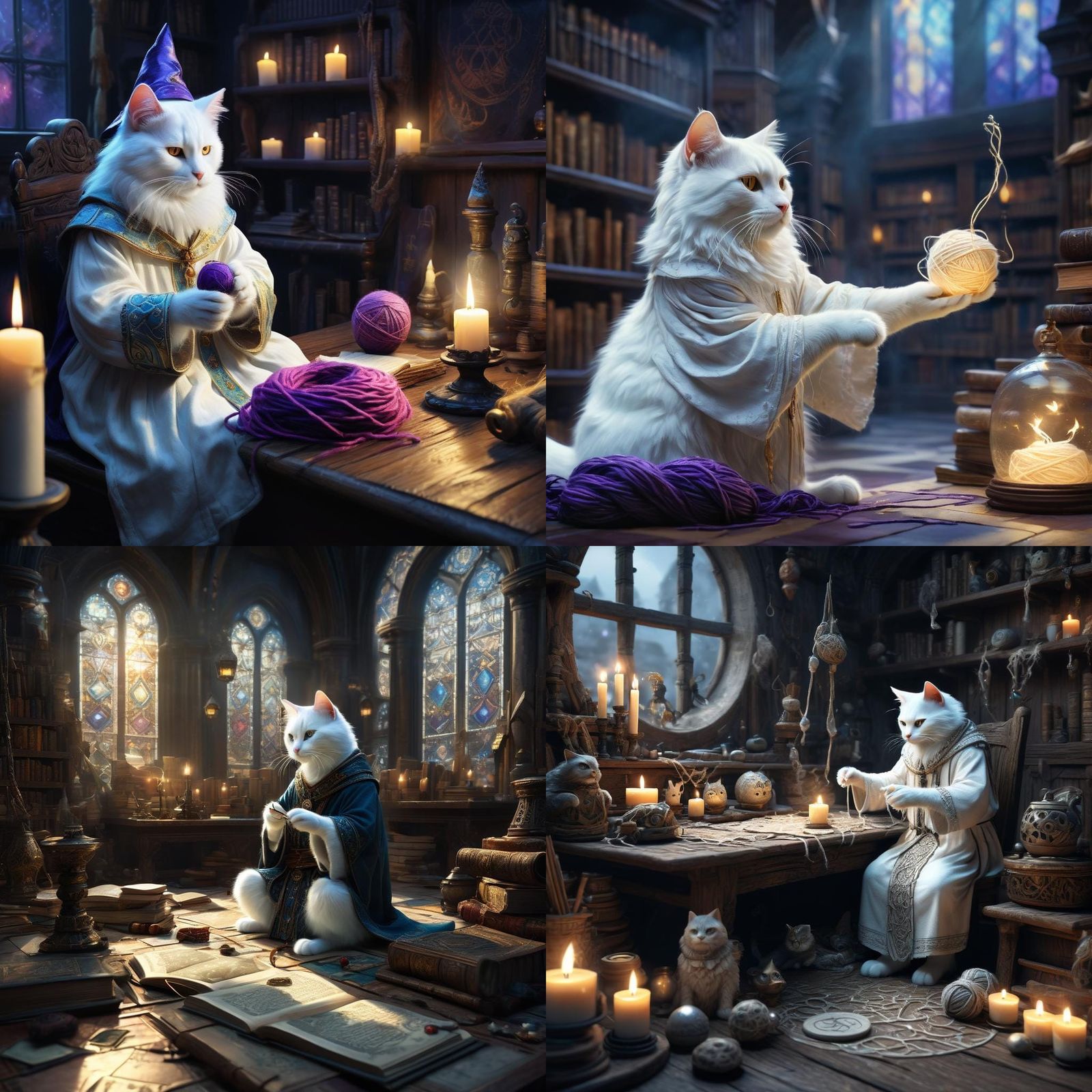 Cat Wizard Amused by Yarn: Fantasy Art