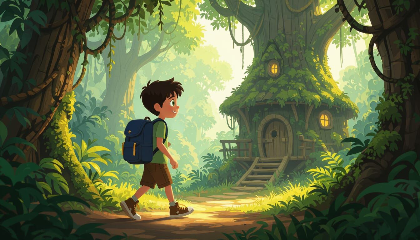 Boy Exploring Jungle Treehouse in Pixar Style