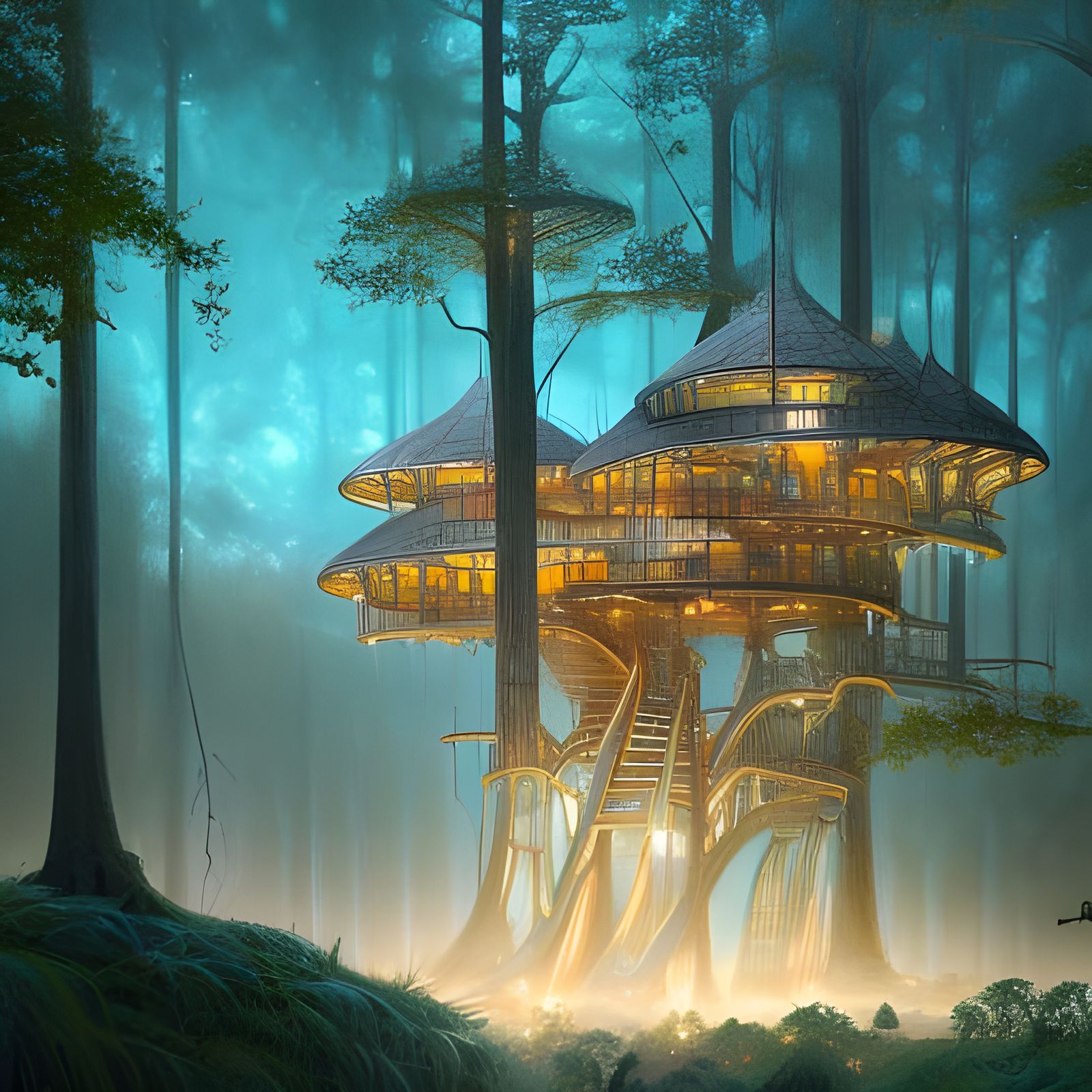 Cerulean Glass Treehouse in Sci-Fi Landscape