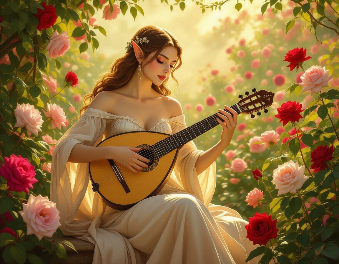 Michelangelo-Inspired Elf Plays Lute in Rose Garden