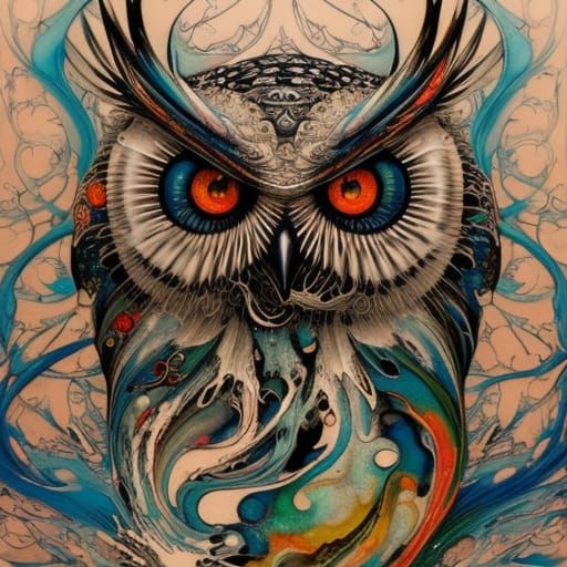 Detailed White Ink Owl with Blue Eyes