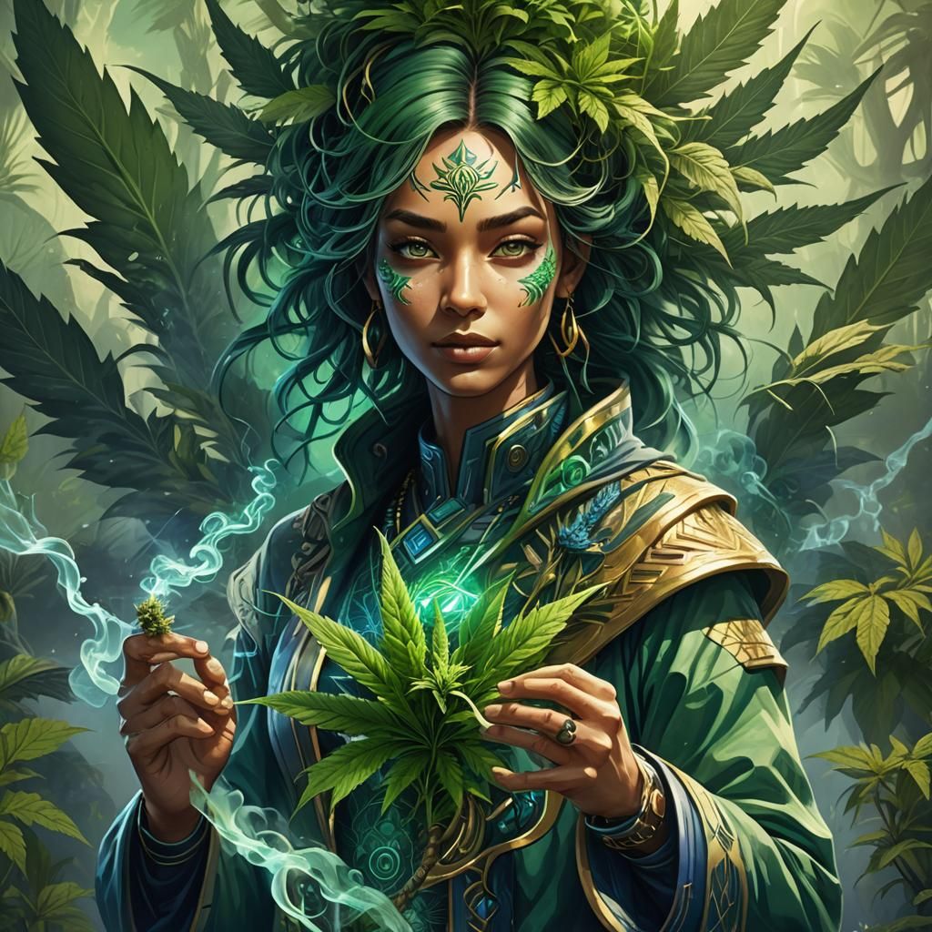 Fantasy Avatar Holding Cannabis Plant in Art Nouveau Style