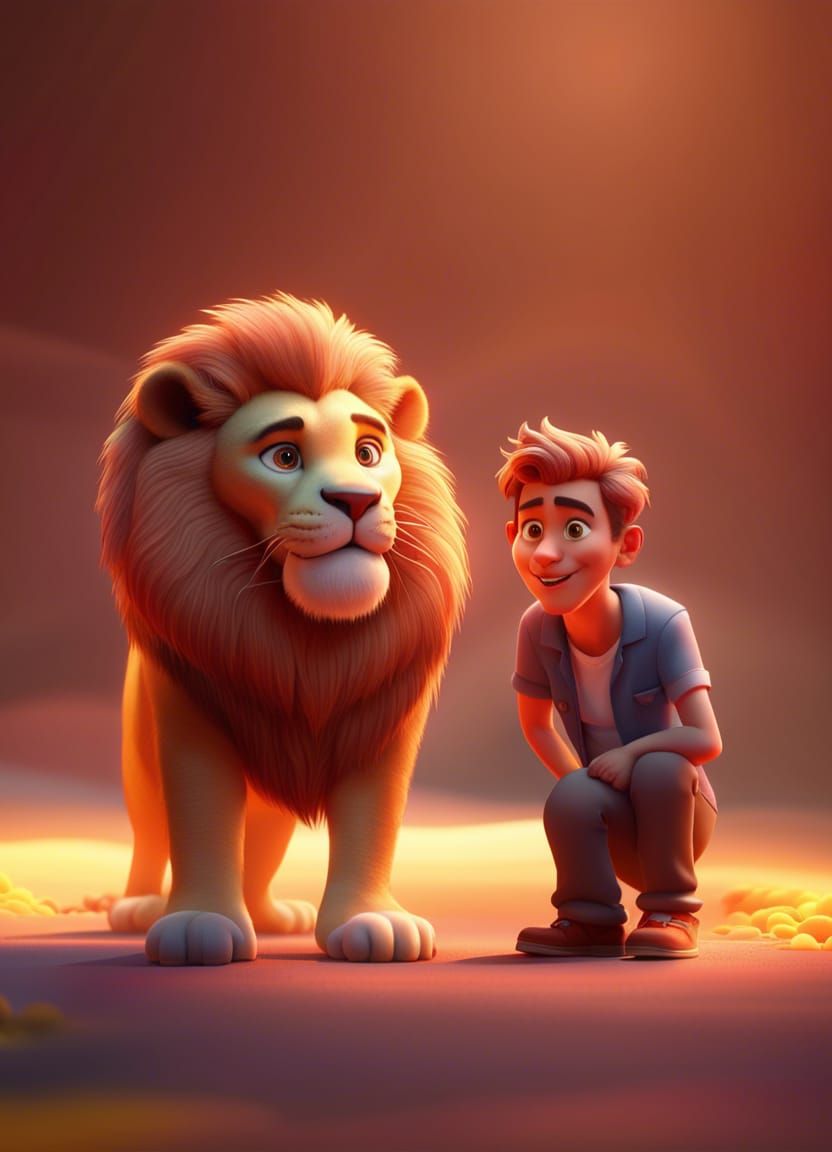 Man and Lion Friendship in Pixar-Style 3D Art