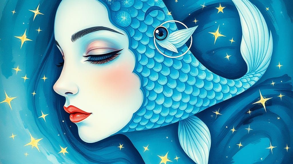 Surreal Aquatic Portrait of a Pisces in Whimsical Watercolor...
