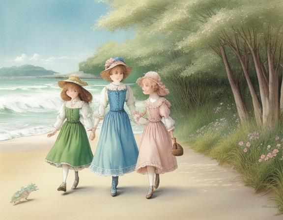 Children Collecting Shells: Watercolor Painting in Vintage S...