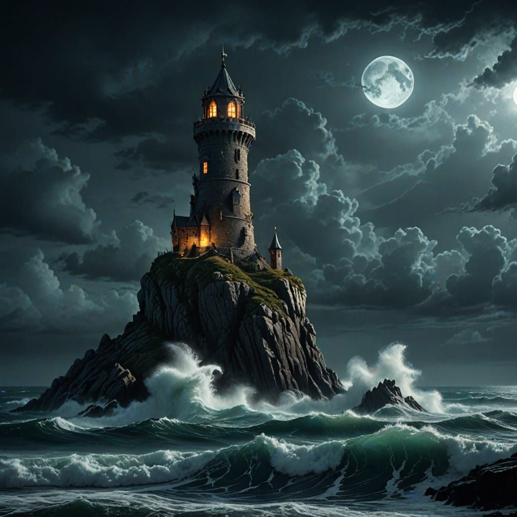 Mystical Wizard's Tower on Stormy Ocean, Fantasy Art