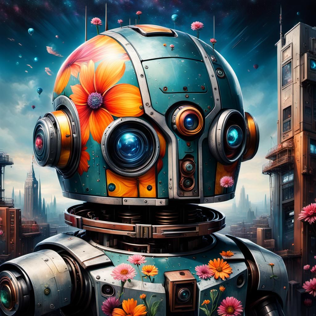 Robot Head Bursting with Flowers: Digital Matte Painting