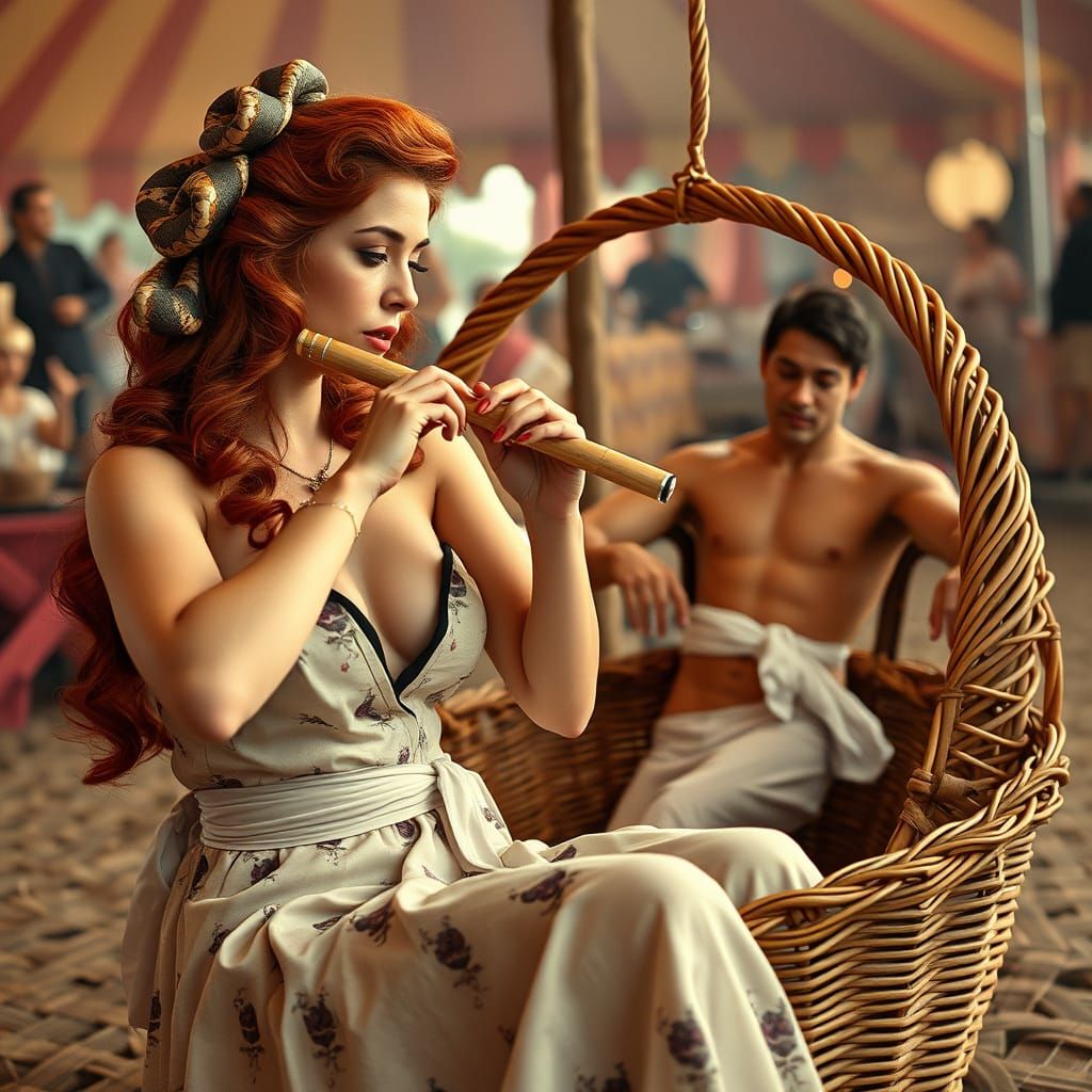 Redheaded Pin-Up Girl Charms Snake Dancer in Vintage Circus ...