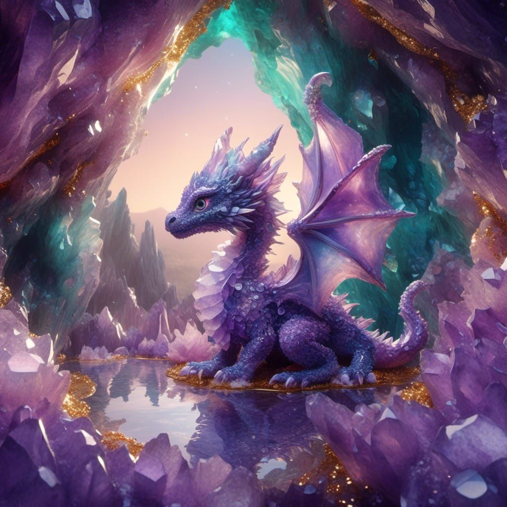 Baby Purple Dragon in Geode: Watercolor Fantasy