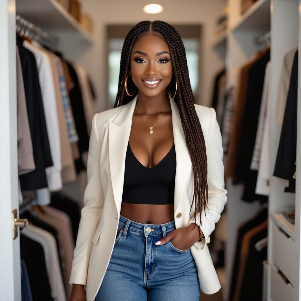 Black Woman in Chic Outfit in Walk-In Closet