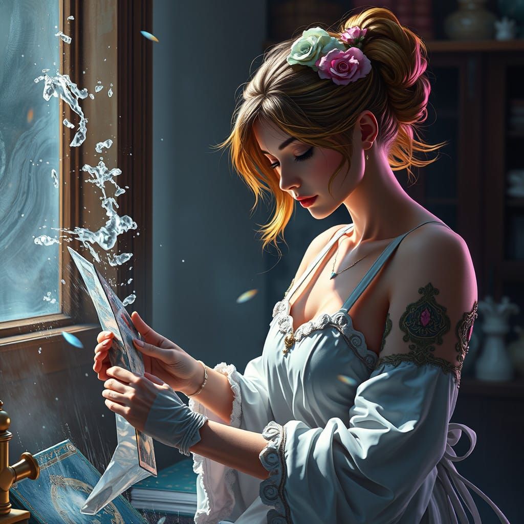 Elegant Lady Amidst Vibrant Fantasy Landscape