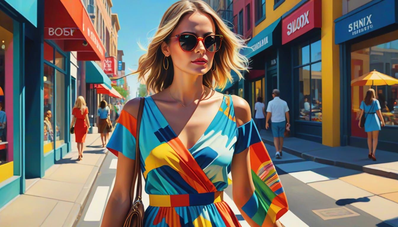 Woman in Colorful Dress Walking in Vibrant Cityscape