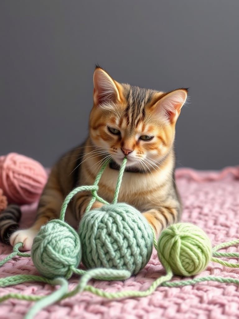 Crocheted Cat Playing with Yarn
