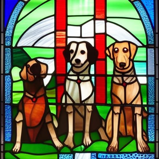 Medieval Stained Glass Dogs in Battle Scene