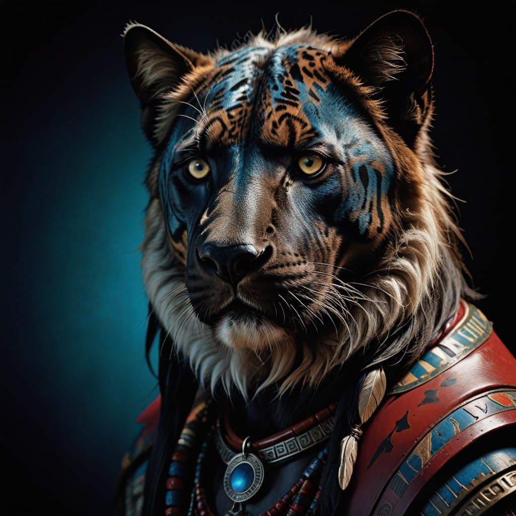 Regal Canine Warrior in Tribal Blue Hues