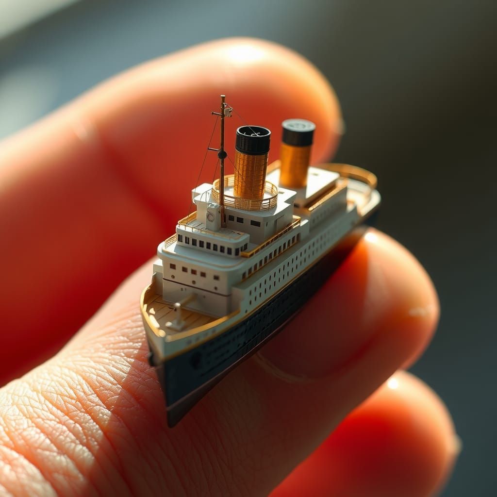 Microscopic Titanic Held on Human Finger