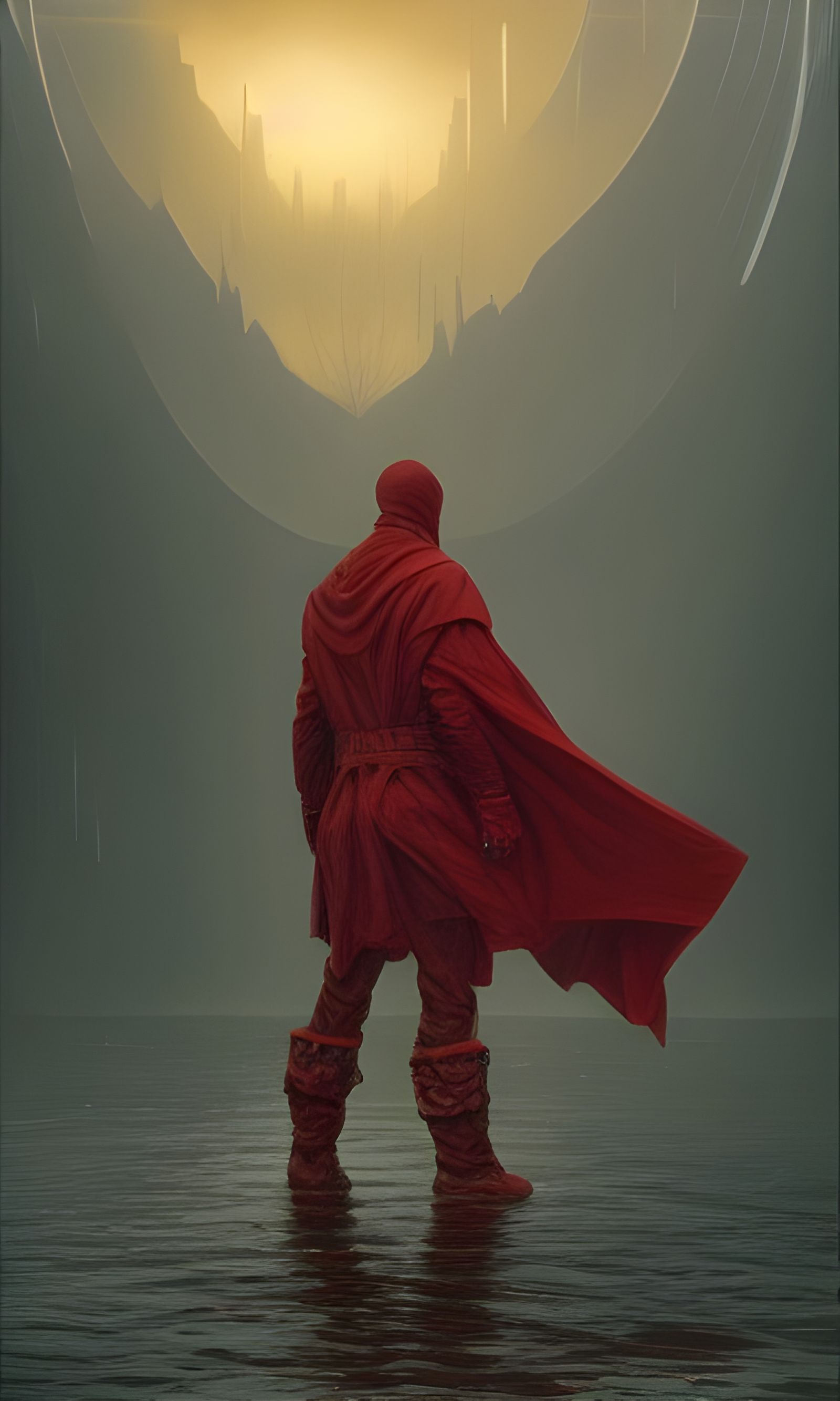 Figure in Red Cloak Amidst Lake of Doom