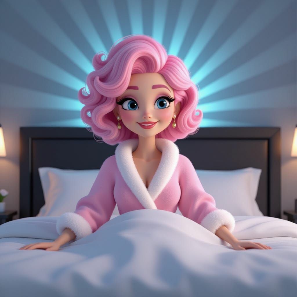 Sassy Blonde Woman Relaxing on Black Bed in 3D Digital Art