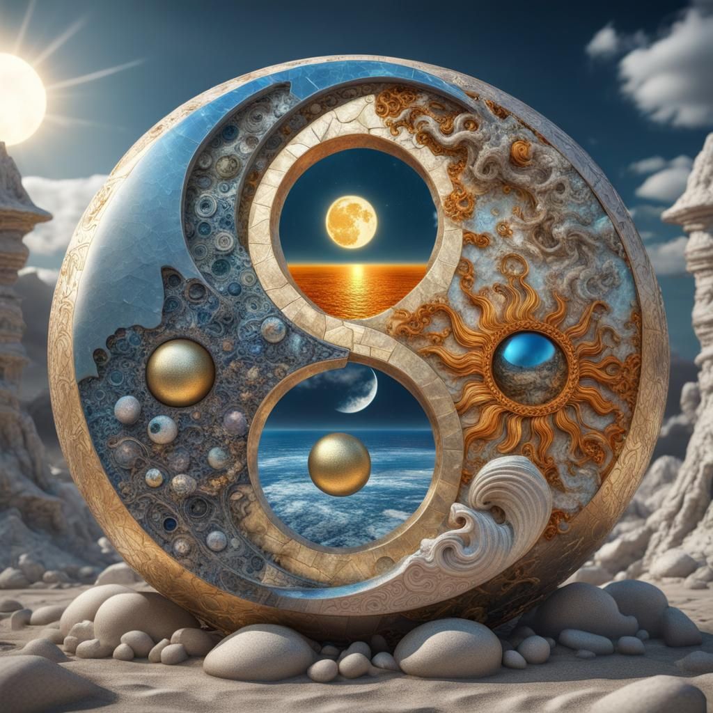 Surreal Mosaic Yin Yang Sun Moon Hourglass