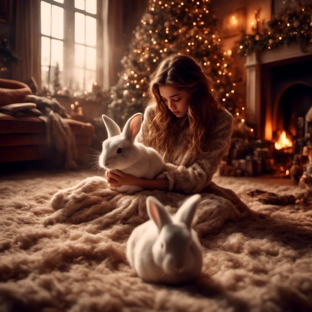 Barbara Palvin with Rabbit in Christmas Living Room