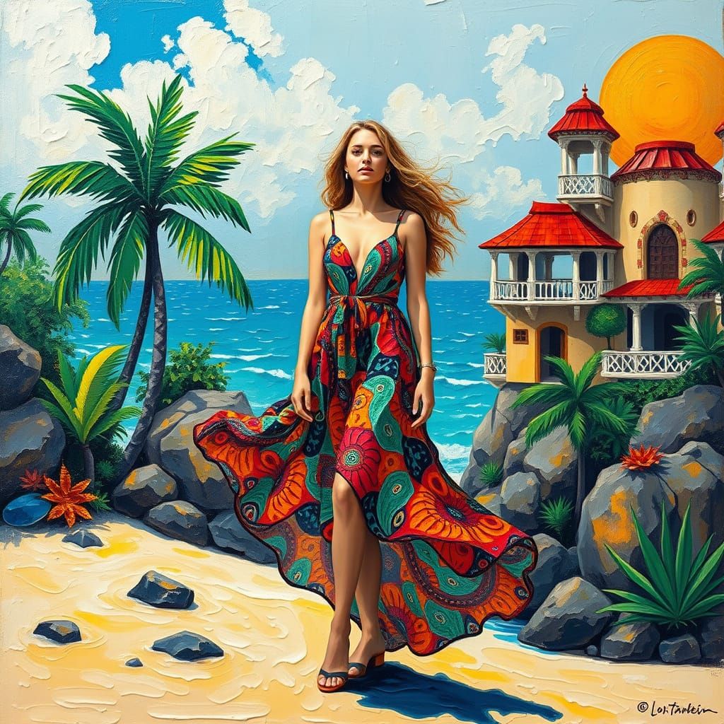 Nordic Woman on Tropical Beach in Neo-Impressionist Style