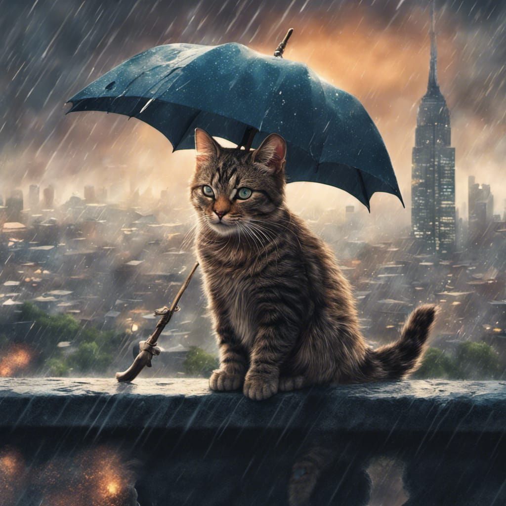 Cat with Umbrella in Rainy City, Digital Art