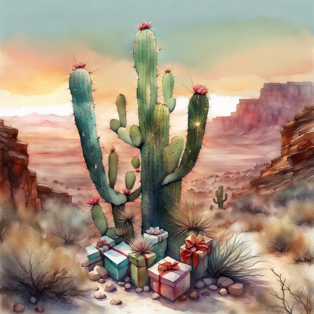 Cactus Christmas Tree in Desert Canyon Watercolor