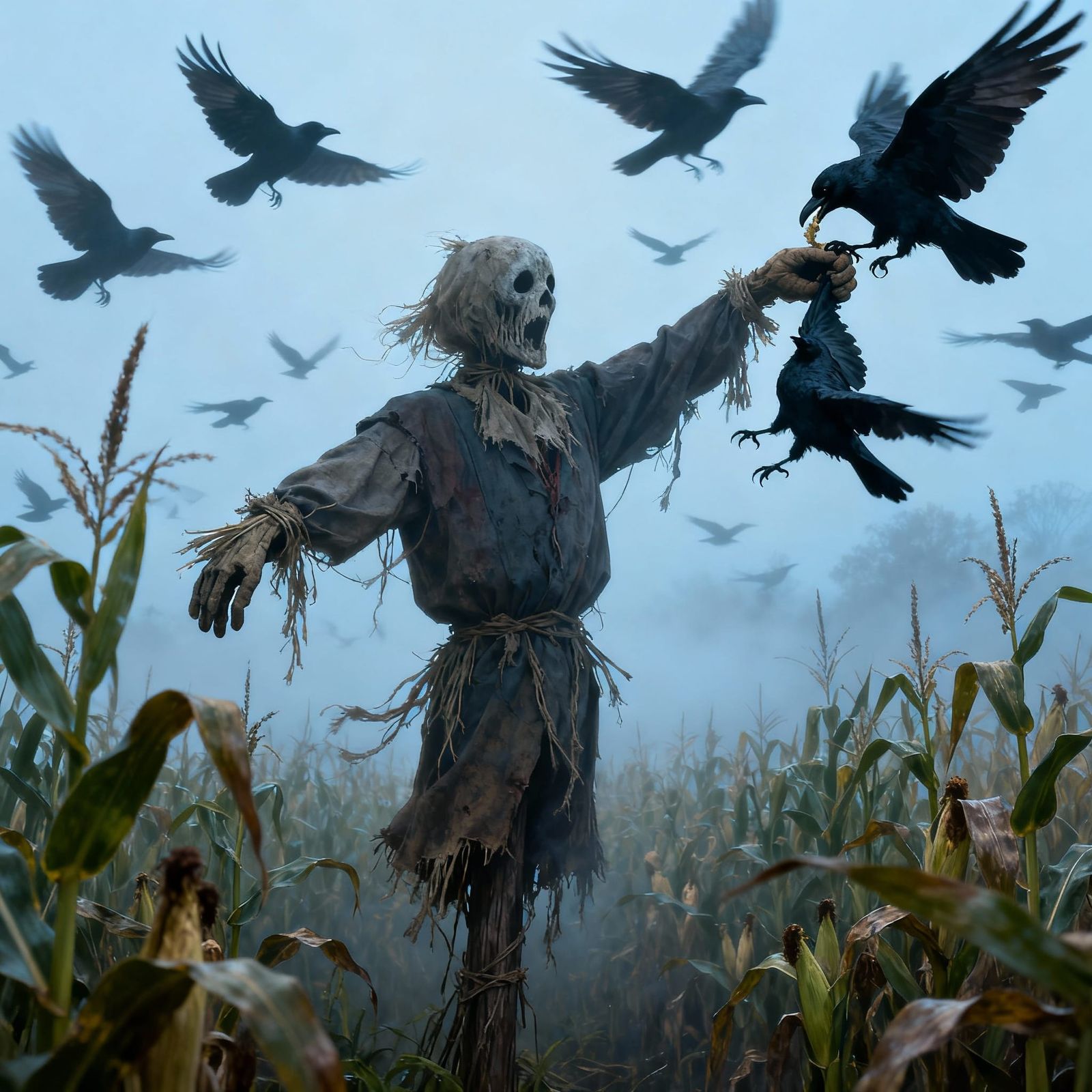 Scary Scarecrow Captures Crow Amidst Foggy Maize Field