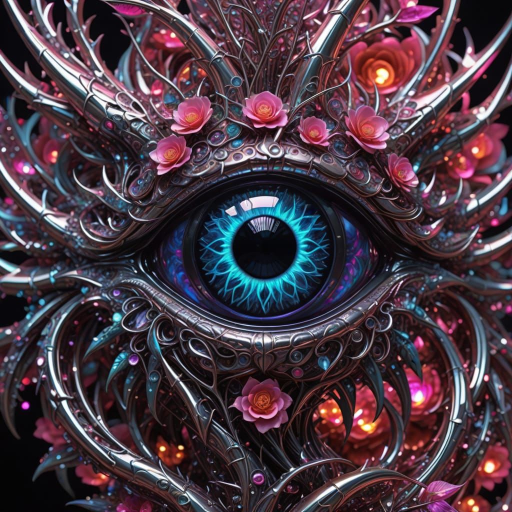 Metallic Dragon Eye on a Fractal Crystal Rose in Neon Retro ...