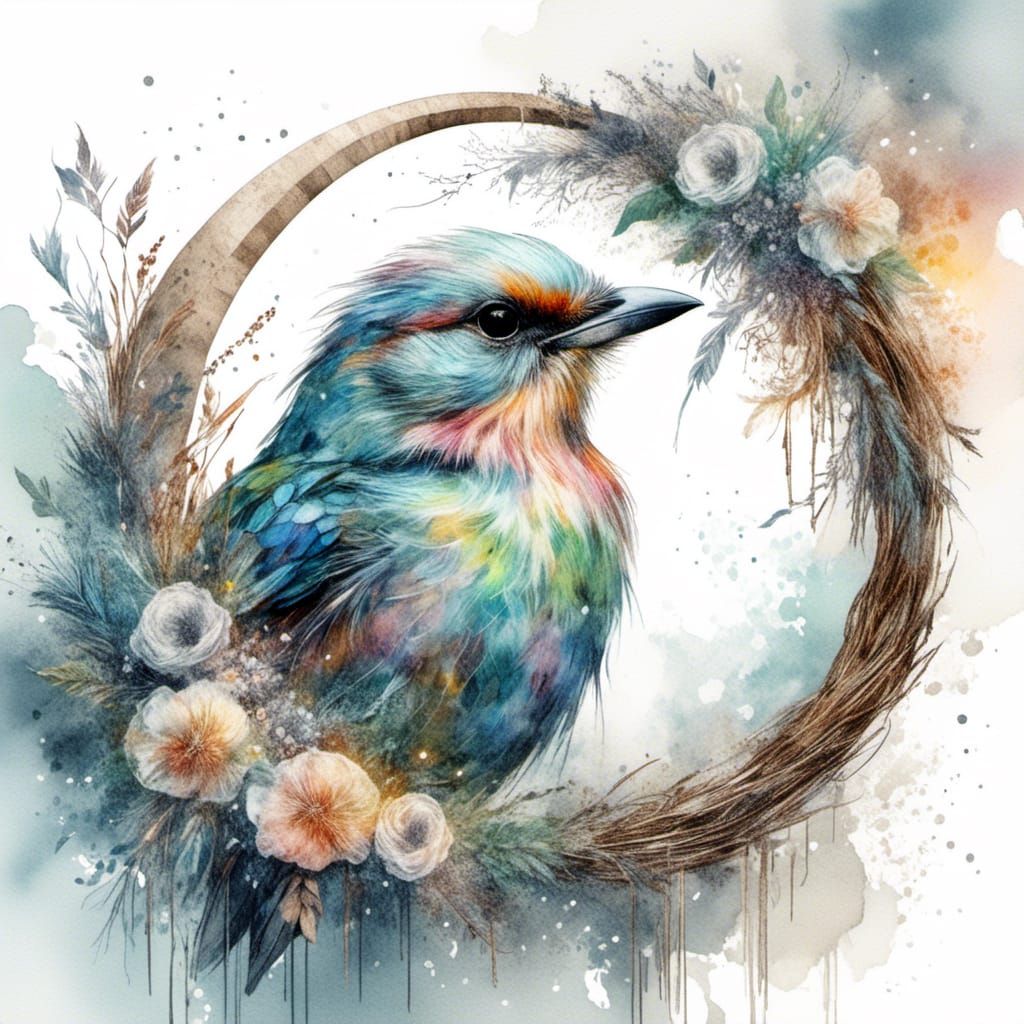 Pastel Bird on Crescent Moon in Watercolor