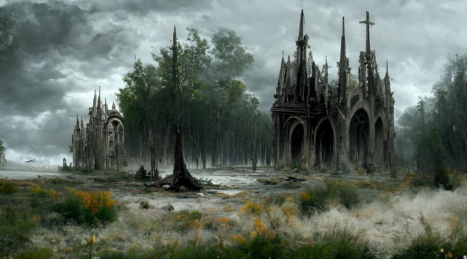 Gothic Cathedral in Bleak Landscape: Hyperrealistic Matte Pa...