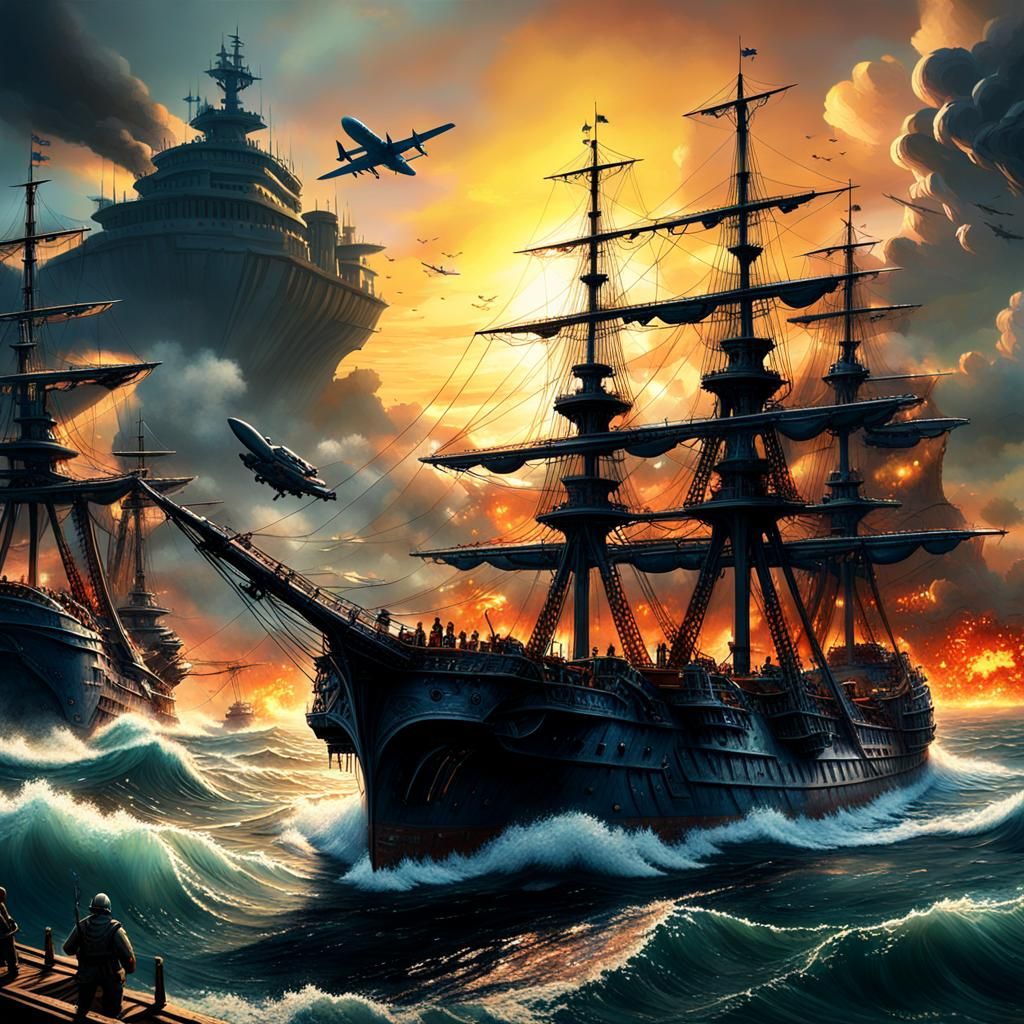 Naval Battle Oil Painting at Sunset