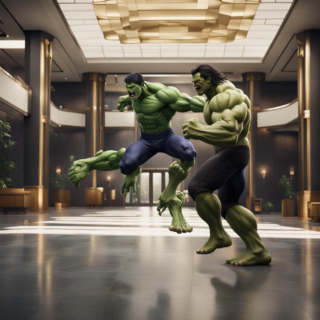 Hulk Swings Loki in Office Lobby: Digital Matte Painting