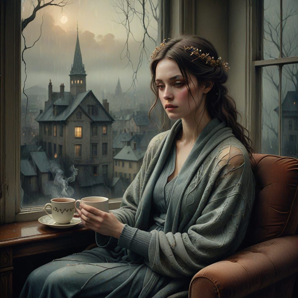 A Young Woman Lost in Thought, Surrounded by Rainy Blues