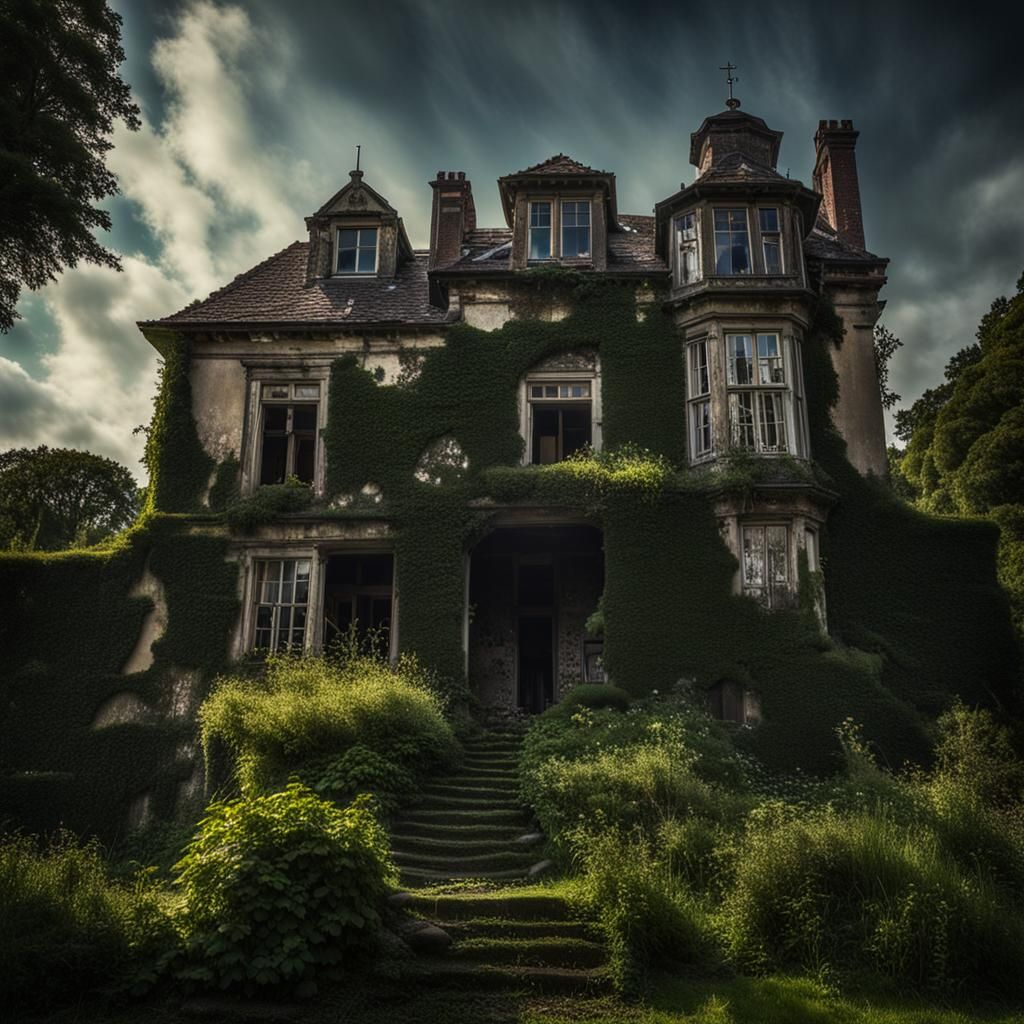 Abandoned Mansion on a Hillside in Ruin