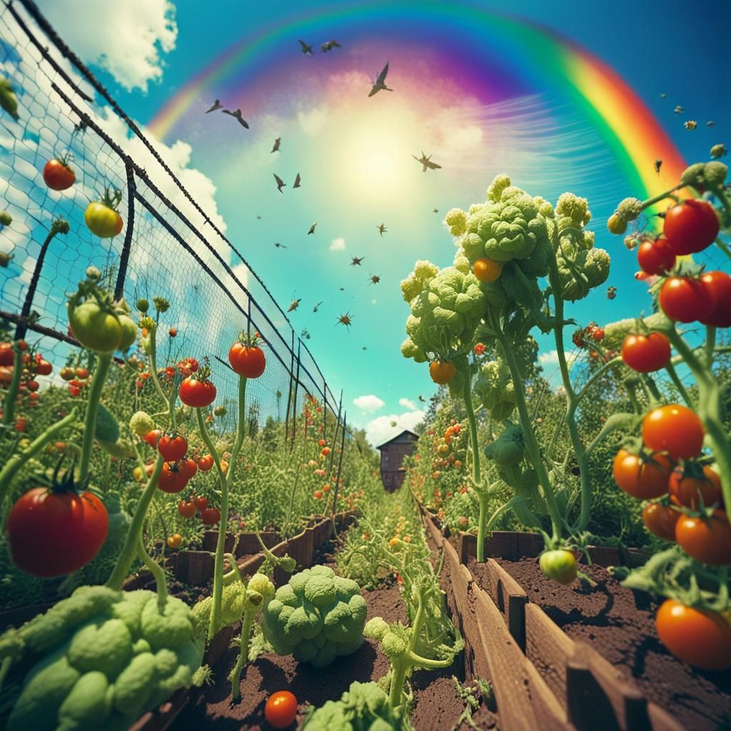 Rainbow Garden: Psychedelic Bug's-Eye View in Gouache Style