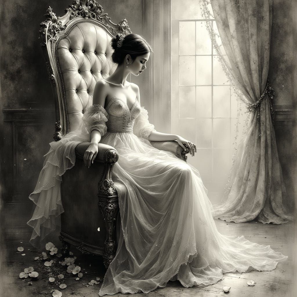 Surreal Pencil Drawing of a Queen on Throne
