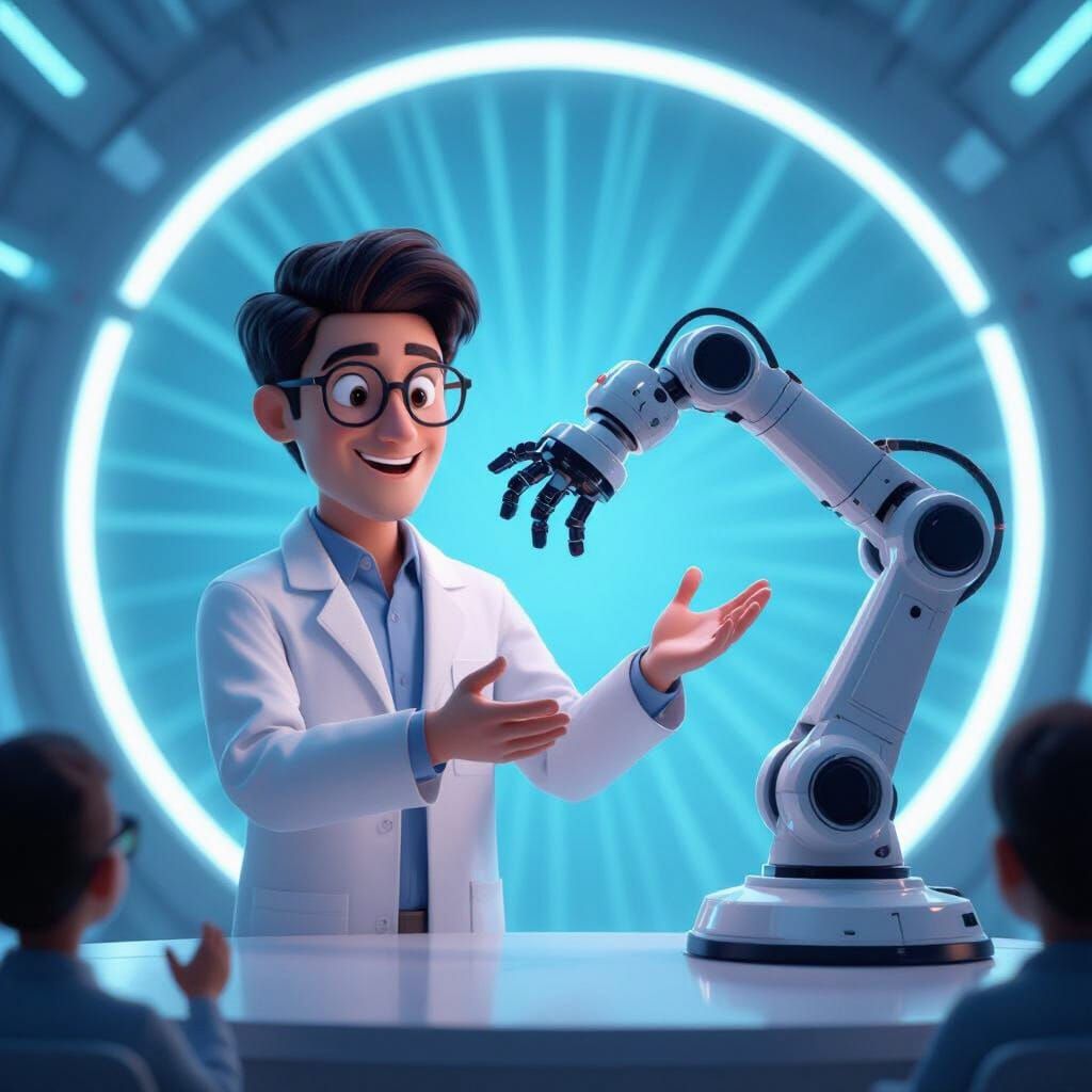 Futuristic Lab Presentation of Robotic Arm in Pixar Style