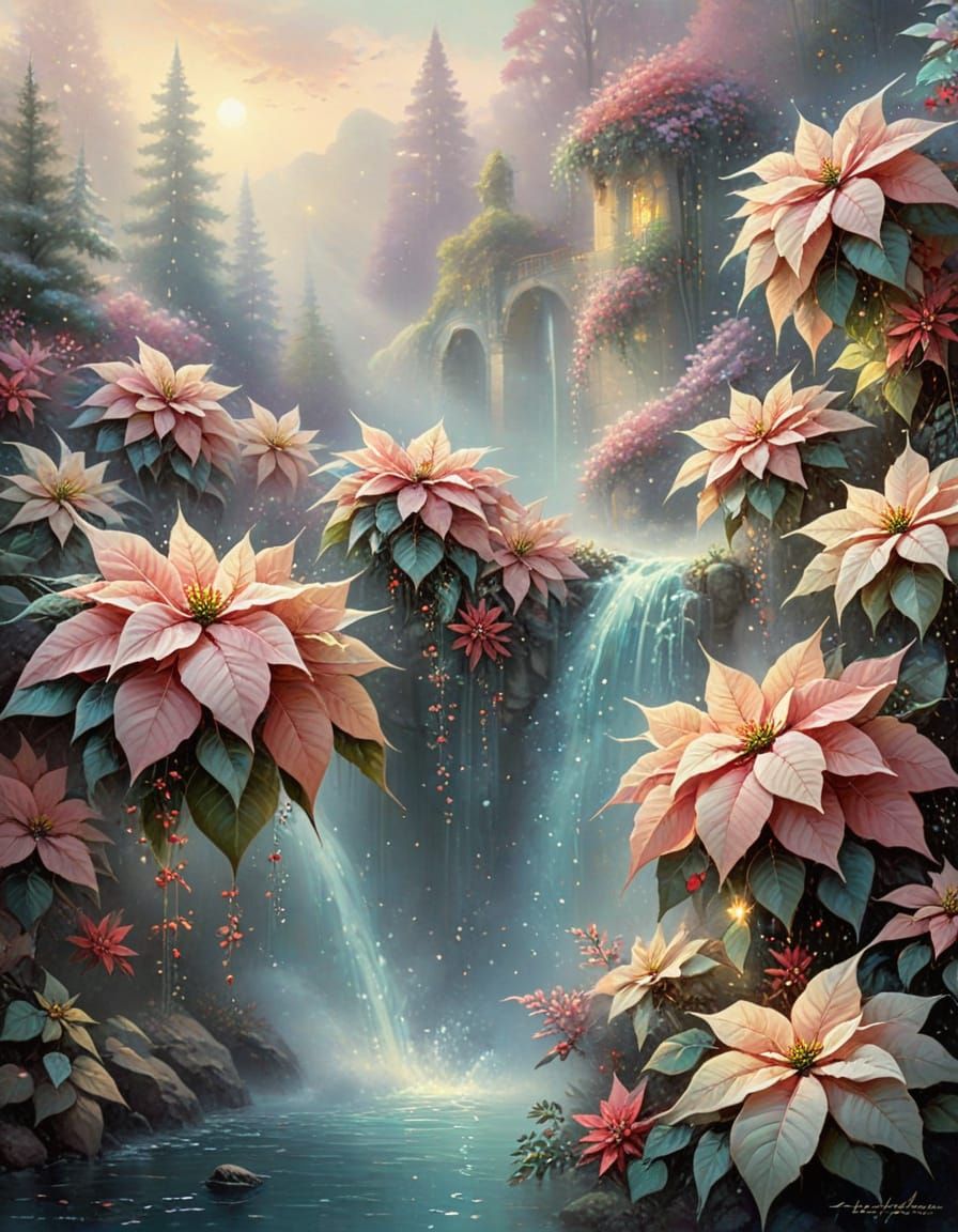 Ethereal Poinsettia Waterfall in Soft Light